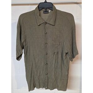 Vintage Consensus Mens M Olive Green Crinkle Texture Short Sleeve Button Shirt